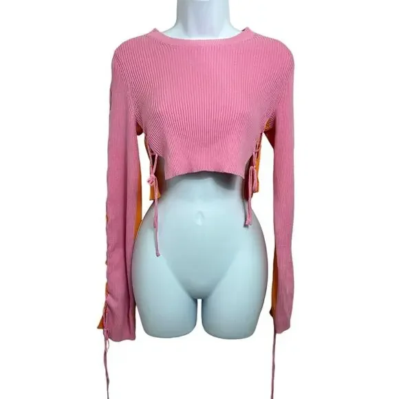 ButterMelon Pink and Orange Lace Up Sweater Size Small Ribbed Crop Top Fashion - Picture 7 of 12